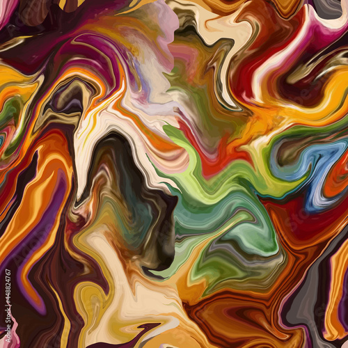 Marble texture seamless pattern. Purple, orange, green abstract background. Seamless liquid fluid. Ebru style effect. Aqua ink print .Vector