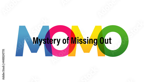 MOMO word vector illustration. Mystery of Missing Out. Colored rainbow text. Vector banner. Corporate concept. Gradient Text. Transparency Letters. Vector illustration