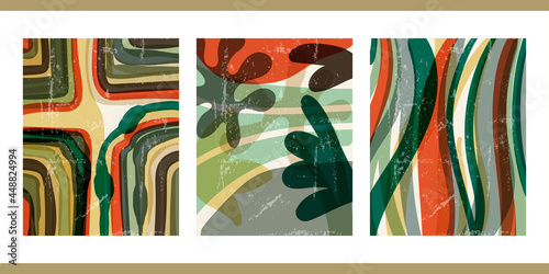 Set of three modern aesthetic abstract posters. Minimalistic posters for social networks, web design. Illustration with geometric shapes, watercolors, splashes,grunge texture, flowing lines.