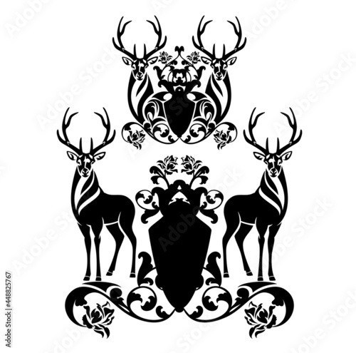 pair of deer stags with large antlers and heraldic shield decorated with rose flowers - antique style coat of arms black and white vector design set