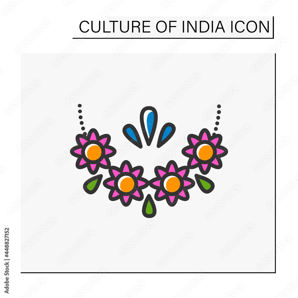  Indian floral garland color icon. Malai. Religious festive decoration. Wedding decoration. Flower Toran. Indian culture, esthetics,traditions and customs.Isolated vector illustration