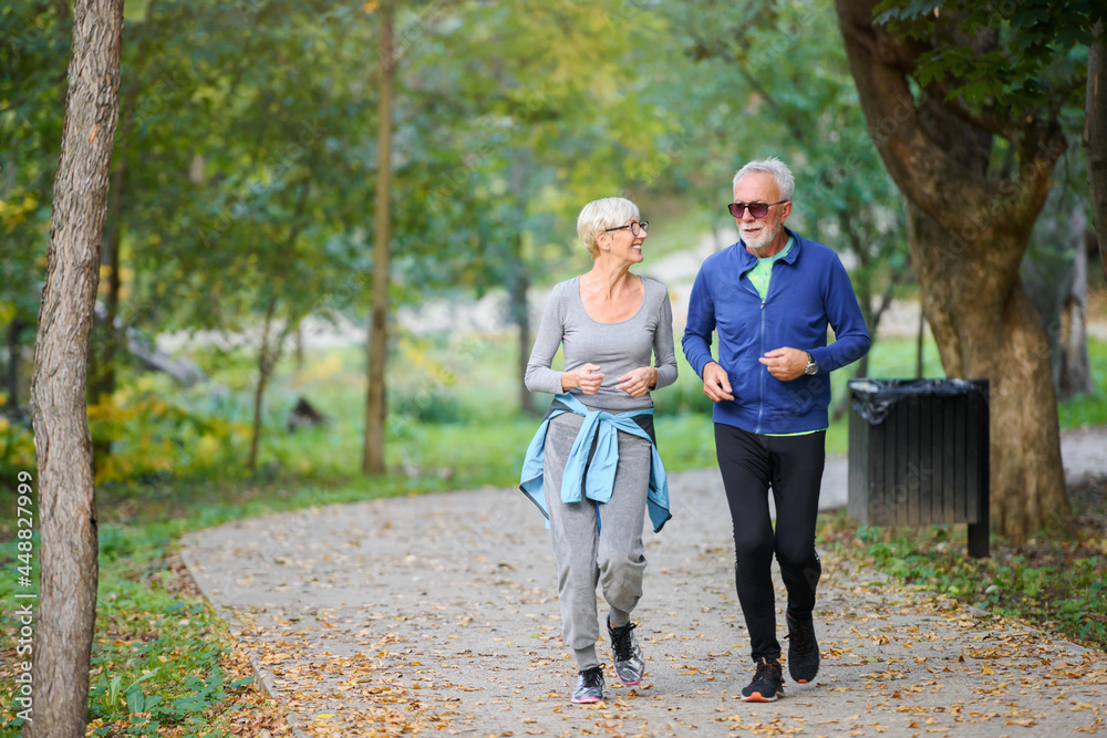 Smiling senior couple jogging in the park. Sports activities for elderly people. Smiling senior couple jogging in the park. Sports activities for elderly people.