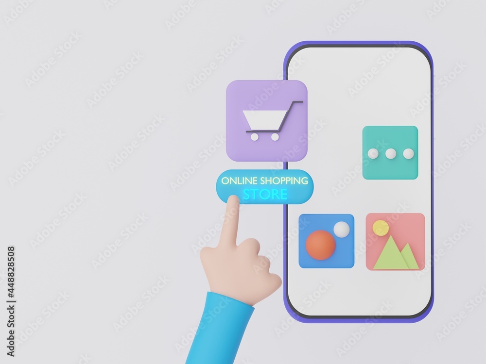3d render hand pointing at online shopping application from smartphone. Minimal digital store for shop product. Technology interface concept. 3d render hand pointing at online shopping application from smartphone. Minimal digital store for shop product. Technology interface concept.