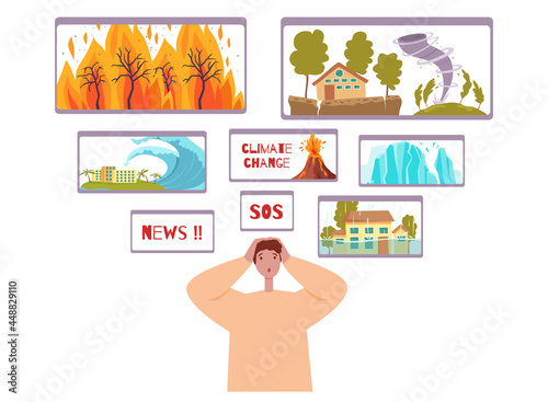 Climate change concept background flat, cartoon vector. World disasters