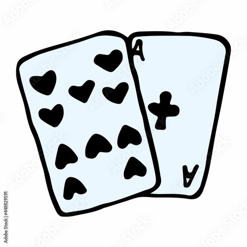 Vector hand drawn playing cards. Fortune telling symbol in doodle style. The ten of spades and the ace of clubs. Illustration of gambling game