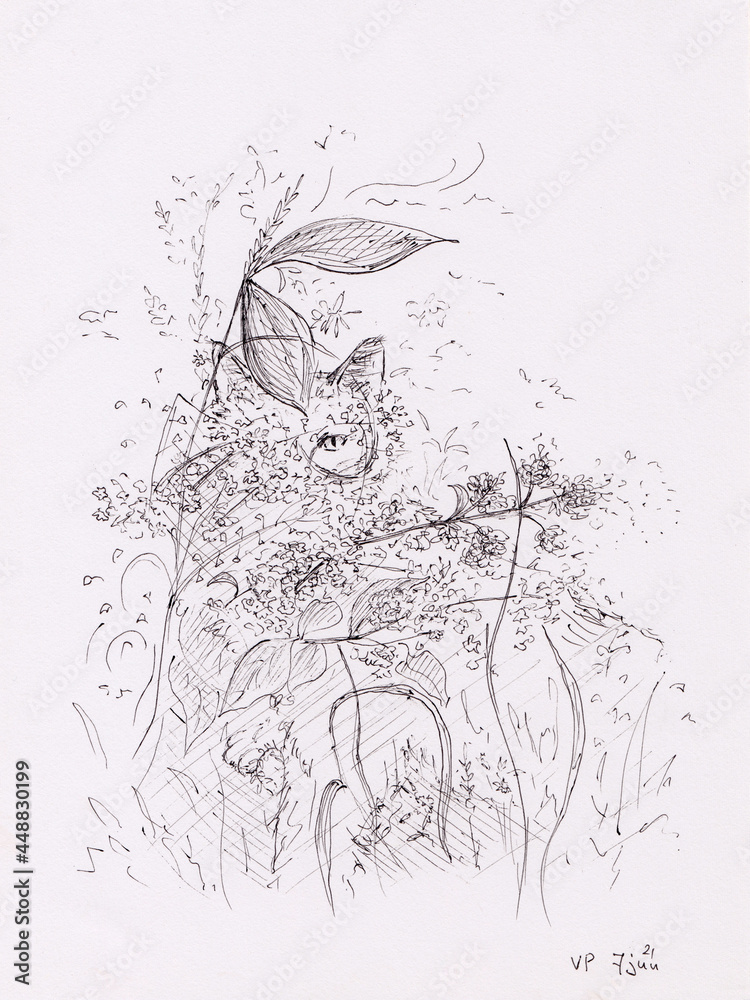 Stock in pen illustration of cat in grass and flowers. Original artwork on paper. Peaceful hand drawn background for card, poster, print. Serene nature background. Relaxing kitty natural backdrop. Stock in pen illustration of cat in grass and flowers. Original artwork on paper. Peaceful hand drawn background for card, poster, print. Serene nature background. Relaxing kitty natural backdrop.