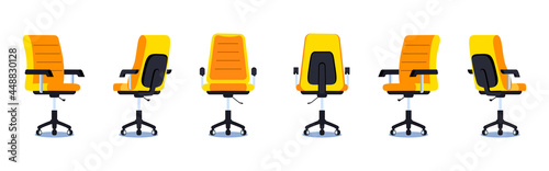 Office chair in front, side and back angles. Armchair set in various points of view. Flat vector illustration of an empty office desk chair.