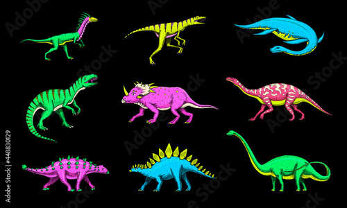 Dinosaurs set, Tyrannosaurus rex, Triceratops, Barosaurus, Diplodocus, Velociraptor Triceratops Stegosaurus. Prehistoric reptiles, Animal. Vintage sketch for t-shirt print. Engraved Hand drawn Animal 