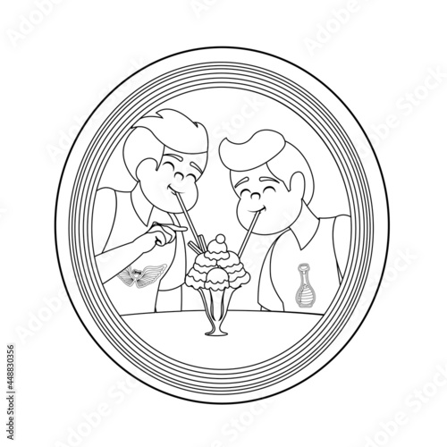 Happy homosexual couple with lgbt rainbow outline Vector