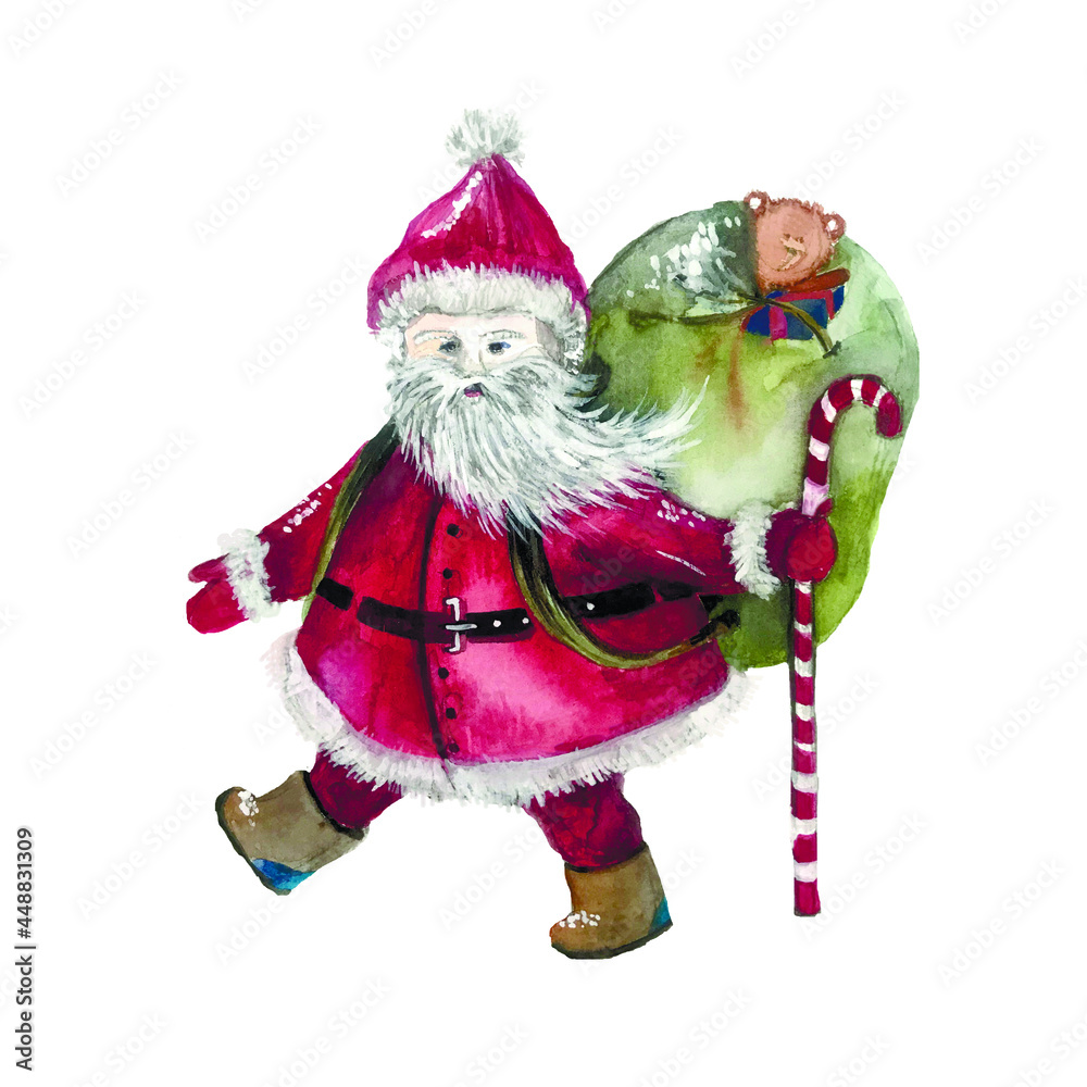 Santa Claus with a bag and a staff retro illustration. Watercolor illustration with Santa Claus carrying a bag of gifts.