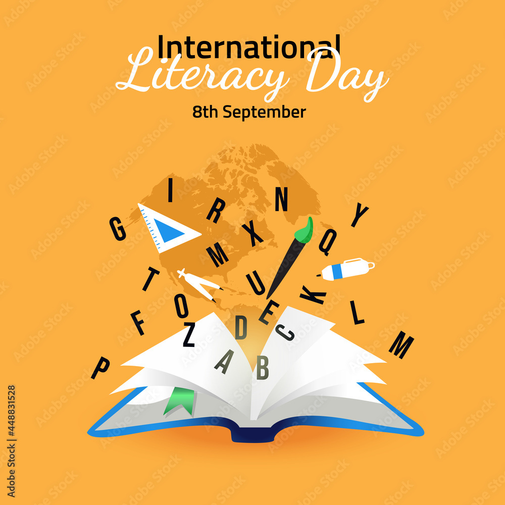 International Literacy Day Illustration With Open Book - obrazy, fototapety, plakaty 