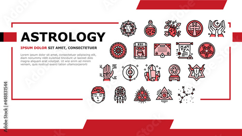 Astrological Objects Landing Web Page Header Banner Template Vector. Crystals And Ball, Love Potion And Tarot Cards, Sun Occult Symbol And Mystical Ornament Illustration