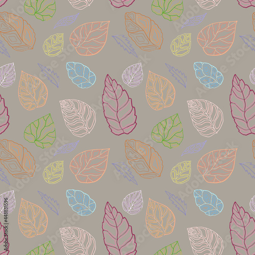 Autumn leaf outlines, seamless pattern. Blue, brown, gold, green, red color scheme on beige background. Line art drawn texture, print. Vector