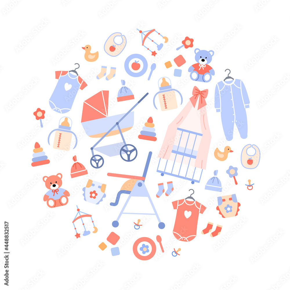 Baby shower flat set circle concept. Newborn accessories isolated on white background. Pastel decoration for invitation card, baby store shop. Infant icons collection. Minimal vector illustration. Baby shower flat set circle concept. Newborn accessories isolated on white background. Pastel decoration for invitation card, baby store shop. Infant icons collection. Minimal vector illustration.