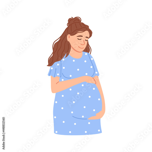 Flat pregnant woman portrait isolated on white background. Beautiful Caucasian expectant woman holding belly waiting for baby birth. Happy young adult mother. Anticipation cartoon vector illustration.