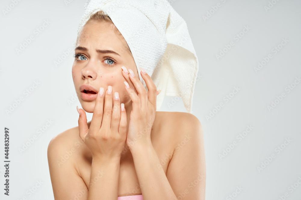 woman with towel on head skin care dermatology dissatisfaction problem woman with towel on head skin care dermatology dissatisfaction problem