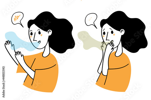 Smell from the mouth. Bad breath. Problems with teeth, stomach. Disease of the teeth, stomach. Fresh breath. The girl is embarrassed to speak. Disgust, stench, unpleasant odor. Vector illustration 