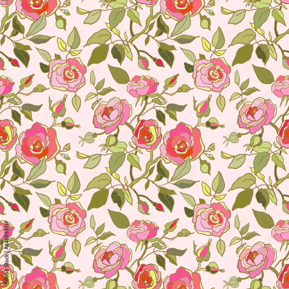 Cute floral pattern of pink roses flowers. Seamless print with garden flowers on pink background. Vintage collection. Vector illustration
