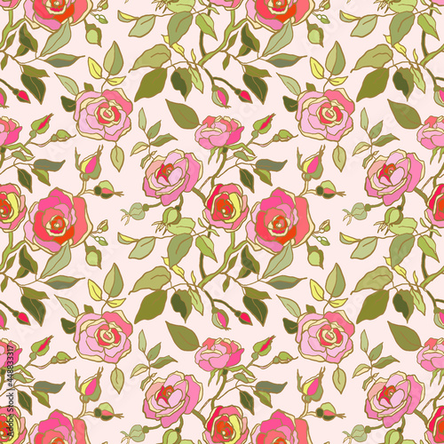 Cute floral pattern of pink roses flowers. Seamless print with garden flowers on pink background. Vintage collection. Vector illustration