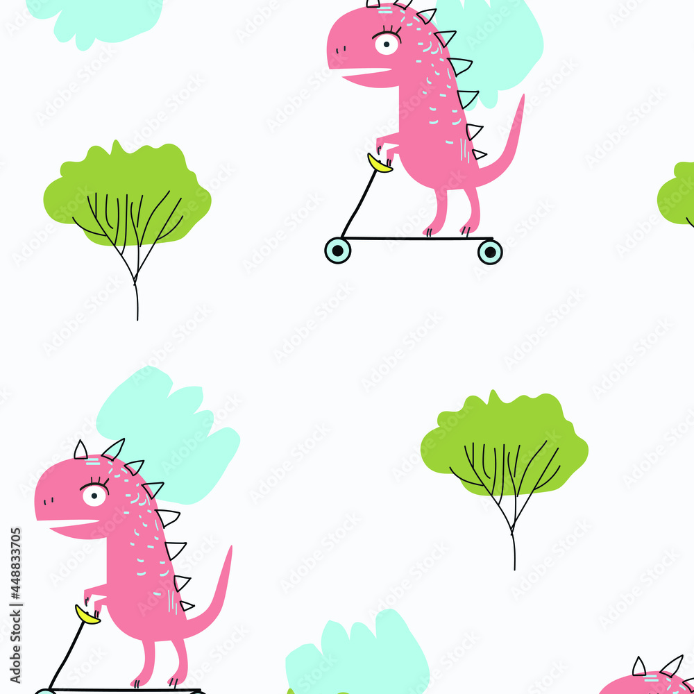 Obraz premium Pink Tyrannosaurus rides a scooter among cacti.Children's Illustration with a TirexN