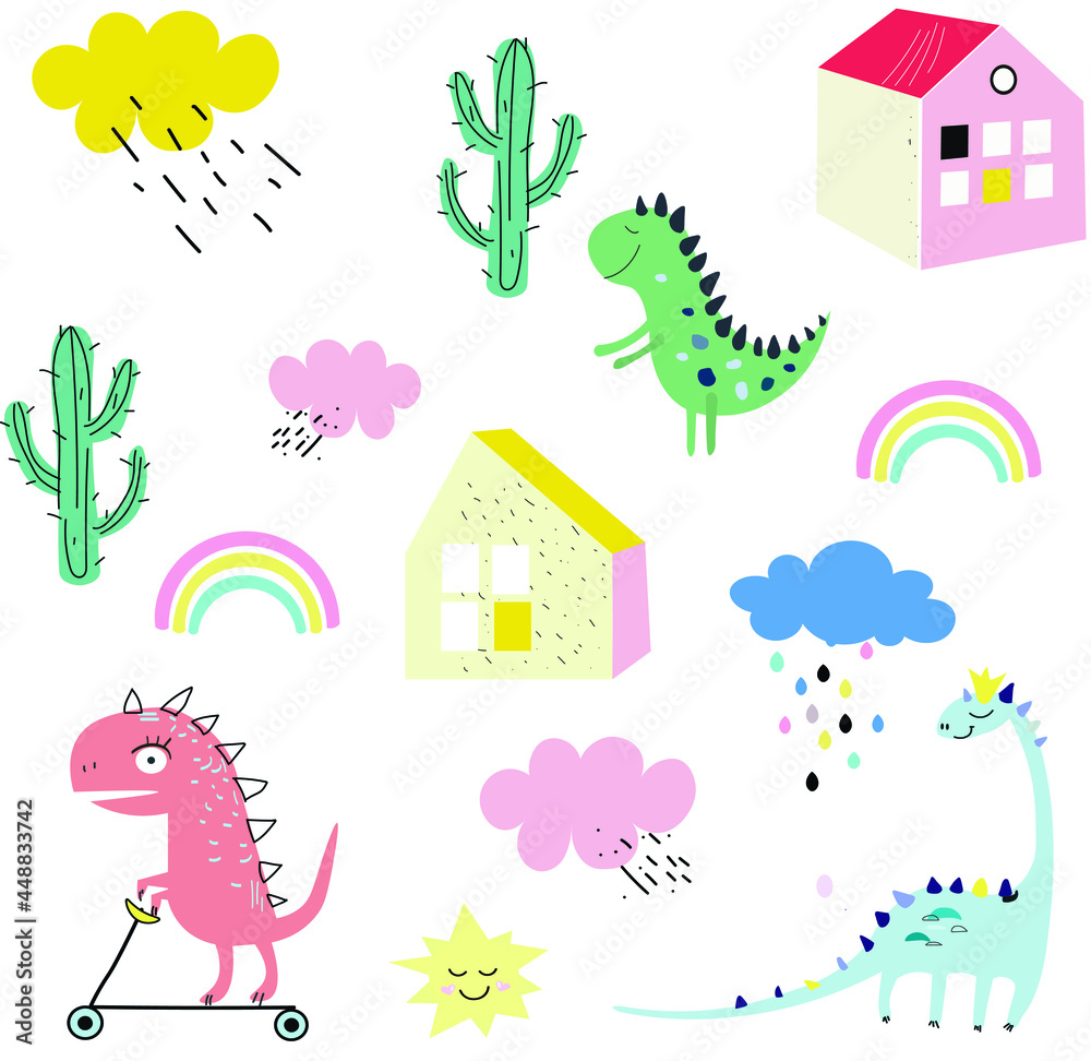 Obraz premium The city of dinosaurs. Three colorful dinosaurs walk among houses, cacti, clouds and the sun. Set about the weather: sun, clouds, rain and rainbows. Three colorful dinosaurs are riding on a scooter.