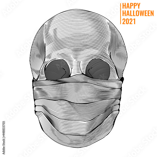 Human skull wearing a medical face mask for protection coronavirus, Happy Halloween 2021, a symbol of Halloween, engraving style illustrations, Isolated on white background, vector image