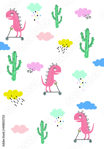 A dinosaur rides a scooter among cacti. Pink Tyrannosaurus have fun .Children's Illustration with a Tirex