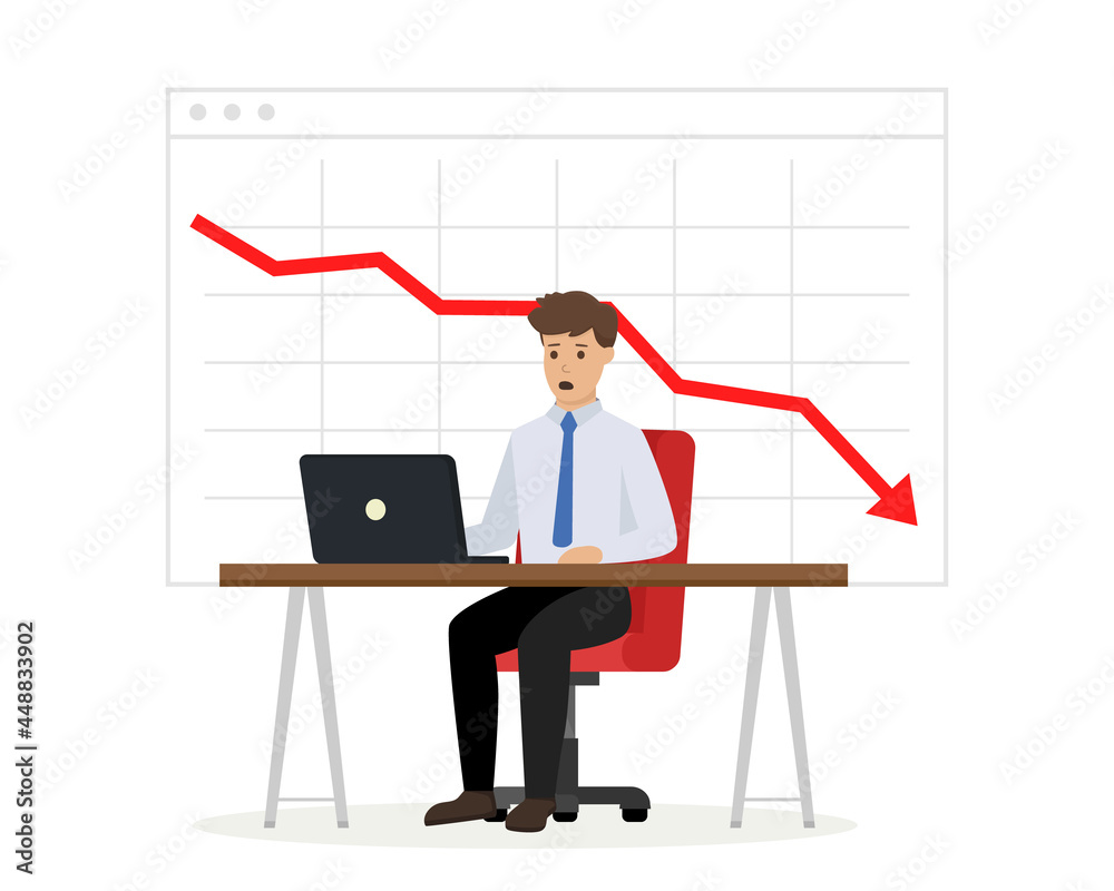 Business financial crisis concept. Decrease graph. Scared businessman with pointing down arrow on graph. Vector illustration. Business financial crisis concept. Decrease graph. Scared businessman with pointing down arrow on graph. Vector illustration.