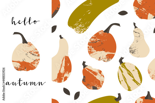 Pumpkin, squash, zucchini. Autumn vegetable background, seamless pattern. For fall decorative design, thanksgiving and halloween invitation, harvest flyer, textile. Vector flat cartoon illustration