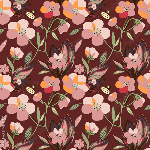 Hand drawn pink anemone blooming flowers seamless pattern. Botanical floral and leaves background. Vector print, texture on burgundy background.