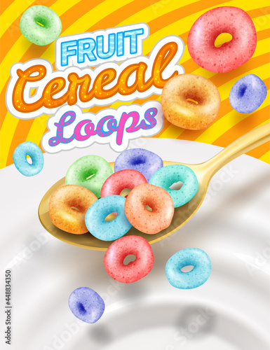 Fast breakfast - round colored cereals flakes falling into milk from spoon, product packaging mockup cover, vector illustration.