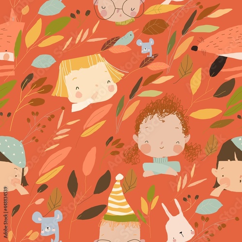 Seamless Pattern with Kids Faces and Animals in Autumn Colorful Plants