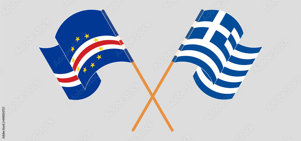 Crossed and waving flags of Cape Verde and Greece Crossed and waving flags of Cape Verde and Greece