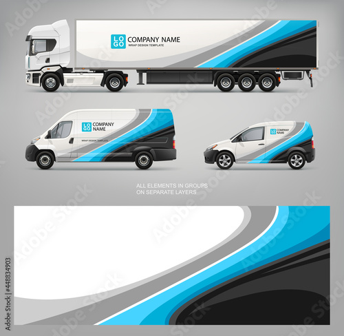 Realistic vector Van, truck trailer mockup set with blue wrap decal for livery branding design.  Abstract graphic of blue and black stripes wrap, sticker and decal design for transport photo