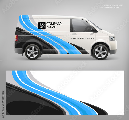 Realistic vector Van mockup and wrap decal for livery branding design. Abstract graphic of blue and black stripes Wrap, sticker and decal design for services van or racing car
