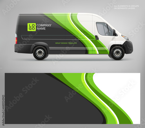 Realistic service Van mockup and wrap decal for livery and branding identity design. Abstract graphic of green and black stripes Wrap, sticker and decal design for company van or racing car