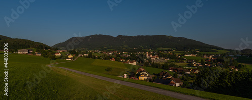 Semriach village with Schockl hill over in sunset sunny evening