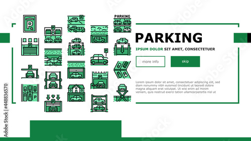 Underground Parking Landing Web Page Header Banner Template Vector. Underground Multilevel Parking Building, Barrier And Automatical Gate, Elevator Lifting Transport Illustration