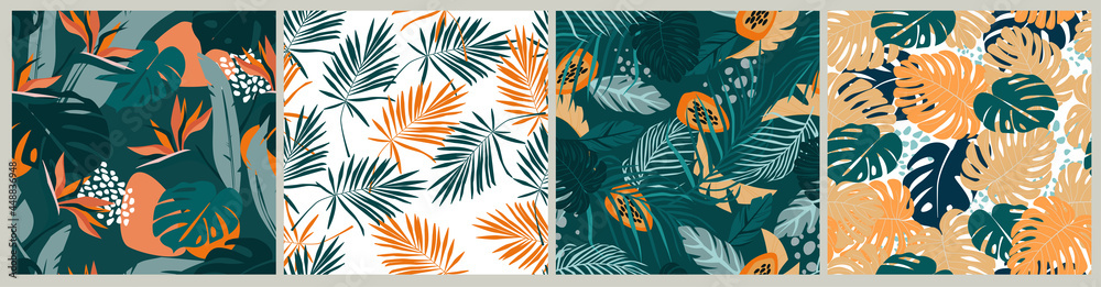 A set of seamless patterns with tropical palm leaves and simple shapes. Plant-based eco-friendly abstract minimalistic ornament contemporary . Vector graphics. A set of seamless patterns with tropical palm leaves and simple shapes. Plant-based eco-friendly abstract minimalistic ornament contemporary . Vector graphics.