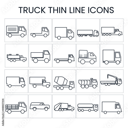 A set of truck thin line icons stock illustration. The icons include many types of trucks, like  Delivery,  semi-trailer truck, Tank, Pickup, flatbed, mail, Box, construction, dump truck tipper,fuel