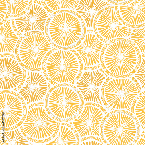 Vector seamless pattern with ripe yellow lemon slices for package, trendy background