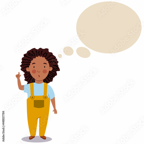 A dark-skinned girl with dreadlocks in a jumpsuit. The child is thinking about some idea. The student thinks about it. cloud for text. Vector illustration on a white isolated background.