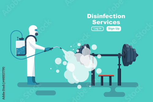Disinfection gym. Cleaning fitness center. Prevention of covid 2019. Specialist in hazmat suit disinfecting coronavirus. Vector illustration flat design. Isolated background. Disinfection of workplace