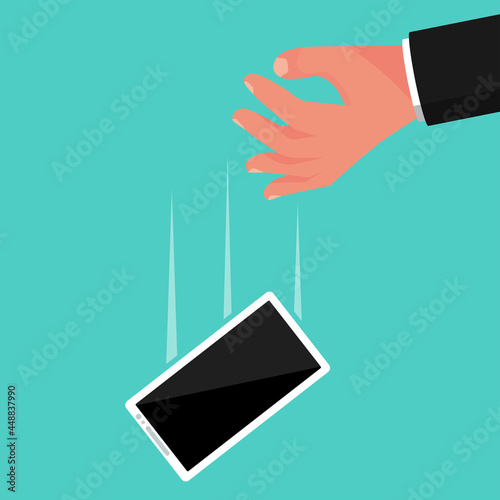 Phone falls with man's hands. Falling smartphone. Vector illustration flat design style. Mobile phone is broken. Cellphone defective.