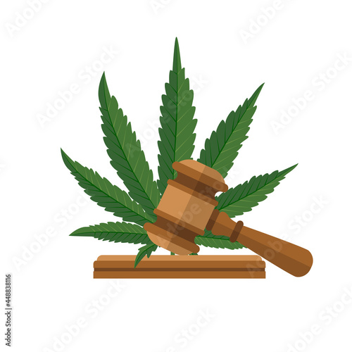 Legislation of marijuana. Judge gavel and sheet of cannabis as symbol of approval by the state. Vector illustration flat design. Isolated on white background. Hemp leaves and judging mallets.