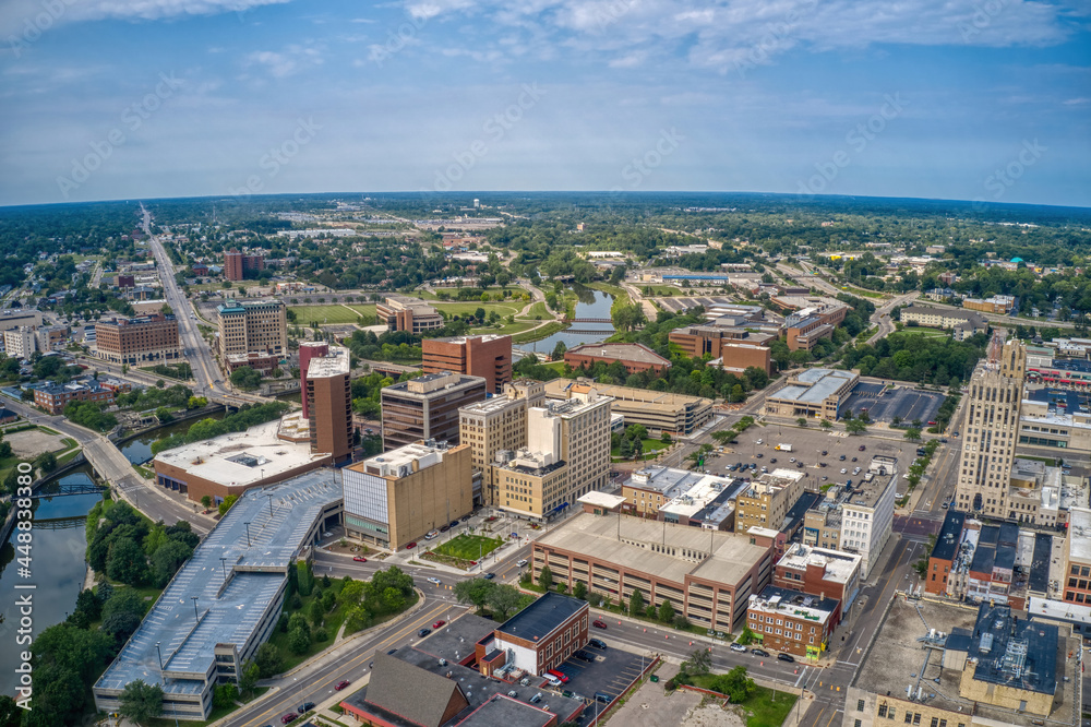 Aerial View of Downtown Flint, Michigan in Summer