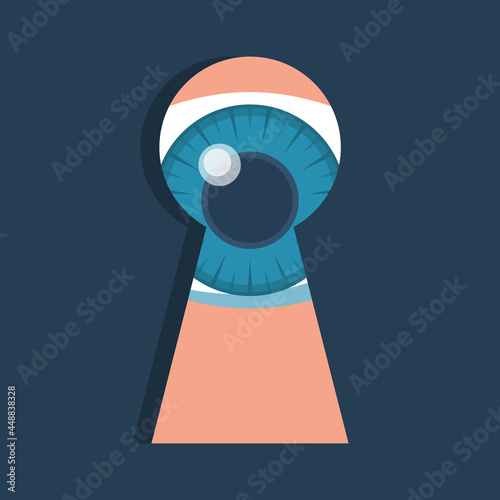 Human peep in the keyhole. Eye and keyhole. Vector illustration flat design. Isolated on white background. Watch in secret. Eye closeup. Invasion of private life.