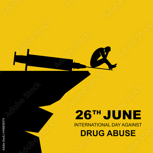 International day against drug abuse. No narcotic. Man with needle over the abyss. June 26 landing page against drug use and distribution. Go to death. Vector flat design. Problem addiction.