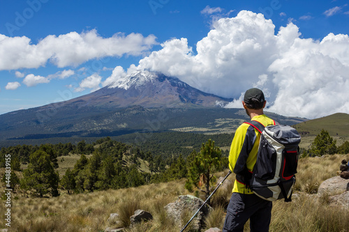 Fumarole comes out from the crater Popocatepetl volcano seen from Itza-Popo National Park, Mexico