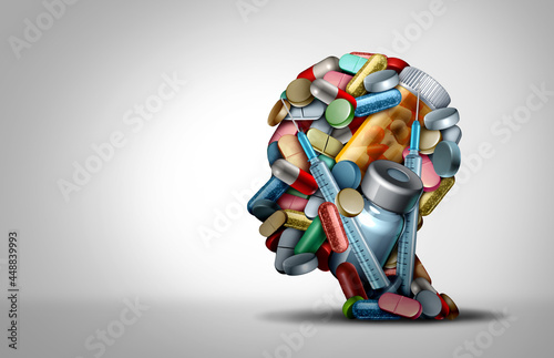 Child medication and pediatric medicine concept representing a preschooler kid being overprescribed prescription drugs as pills in a pile shaped as a children icon  photo